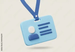 3D Illustration of Blue employee id badge with lanyard on a light cream background 11zon